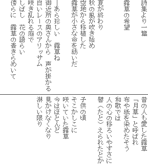 詩集より一篇
露草の希望
夏が終わり
秋の風が吹き始め
空地から移植した
露草が小さな命を紡いだ
―あら珍しい 露草ね
御近所の奥さんから 声が掛かる
白いレースのアリッサム
咲き乱れる庭で
しばし 花の語らい
傍らに 露草の青きらめいて
昔の人も愛した露草
「月草」と呼ばれ
布や紙を染めたそう
和歌では
人の心の移ろいやすさに
譬(たと)えられたとか
子供の頃
そこかしこに
咲いていた露草
今はほとんど
見かけなくなり
淋しい限り